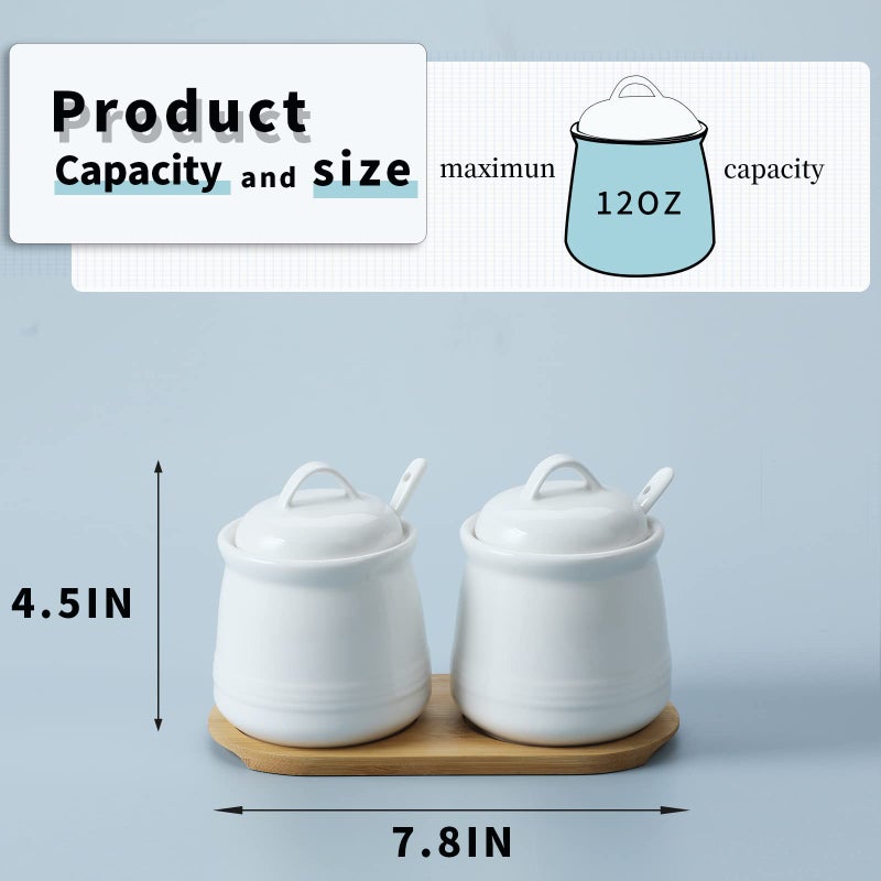 HAOTOP Ceramic Sugar Bowl 2 Pack, PorcelainJar with Tray, Spoon and Lid for Sugar, Pepper, Coffee, Spice, Salt, 12 Ounces (White) - Image 3